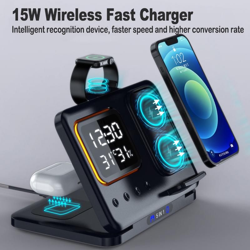 15W Wireless Chargers Stand 5 In1 LED Digital Alarm Clock Fast