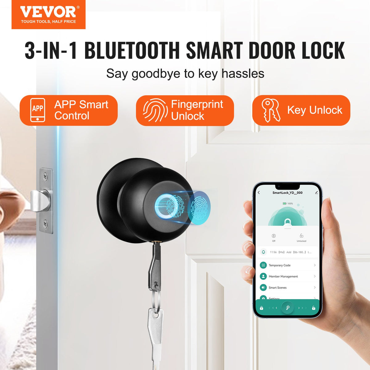Bluetooth Fingerprint Smart Door Knob Lock with App Control